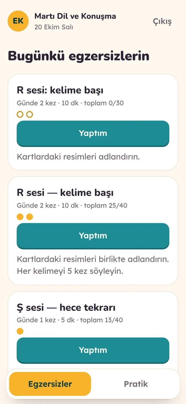 Veli uygulamasında ev çalışmaları